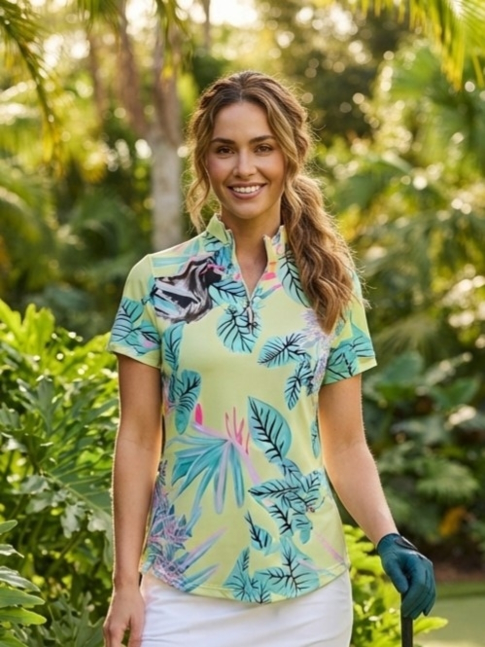 jamie sadock Yellow Tropical Leaf Short-Sleeve Golf Polo Size XS